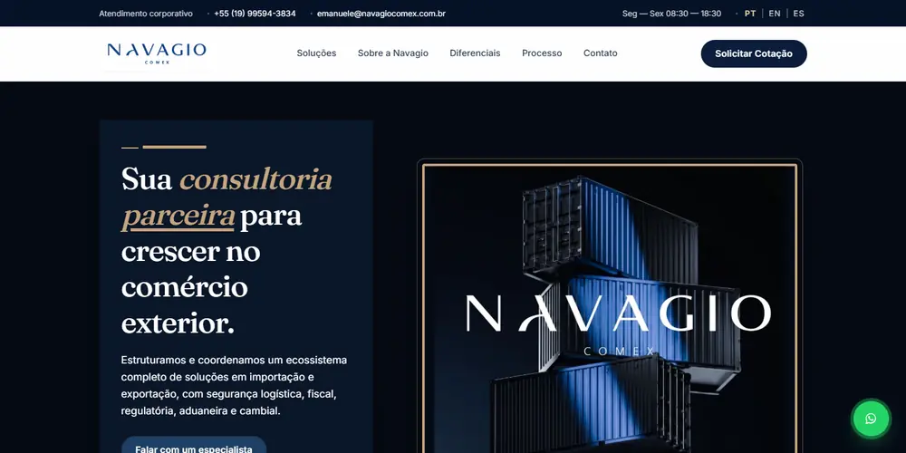 Site da Navagio Comex, consultoria de comércio exterior, no ar