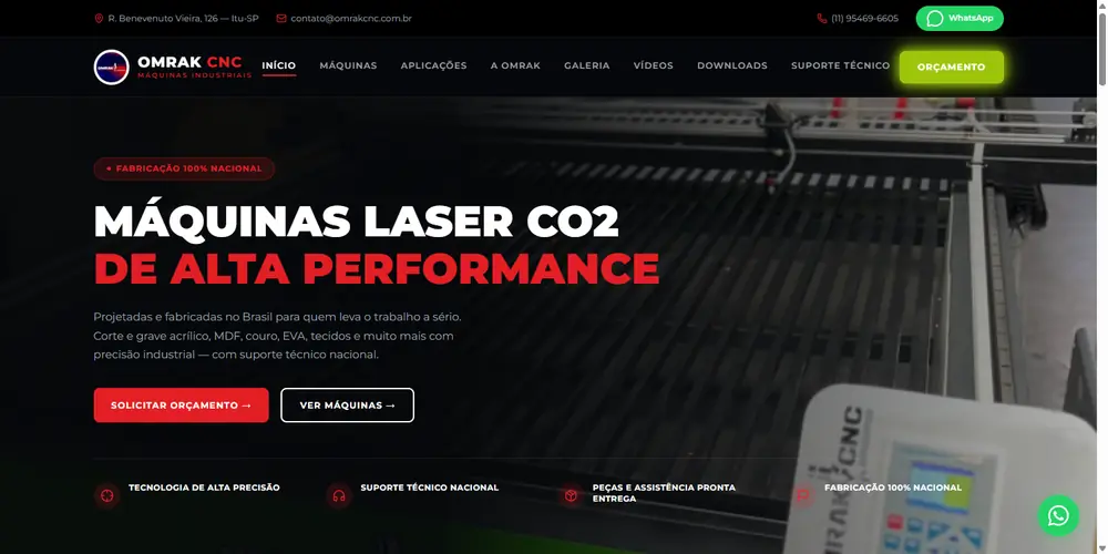Site da OMRAK CNC, máquinas de corte a laser, no ar
