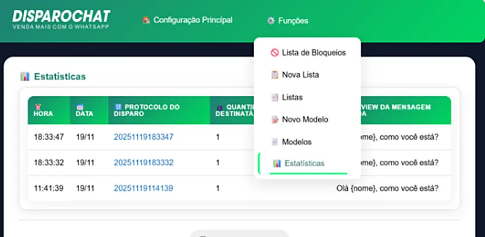 Painel de disparos em operação: log com hora, data, protocolo e preview da mensagem